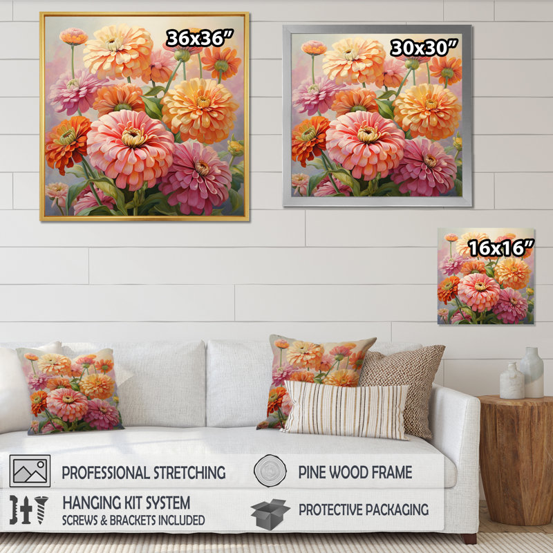 «Light Light Zinnias Romantic Impression I», reproduction sur toile, Cadre doré à une seule photo, H 16 po x l 16 po x P 1 po