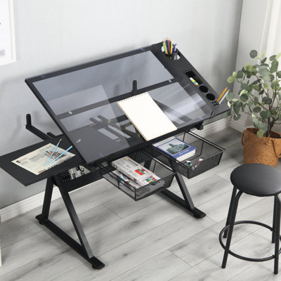 Tempered Glass Drafting Table With Adjustable Chair & Metal Drawers Writing Side Storage Space