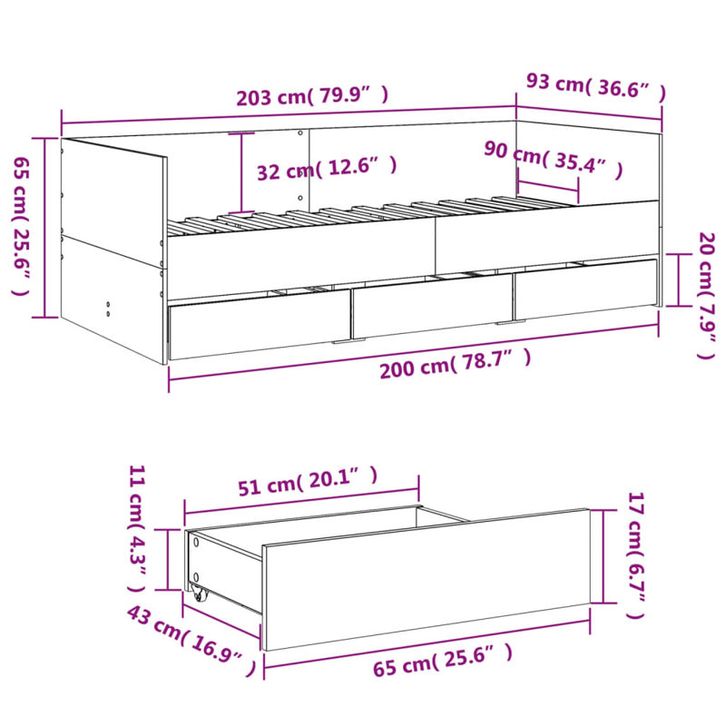 Vidaxl Daybed With Drawers, European Single (90 x 200cm), Natural