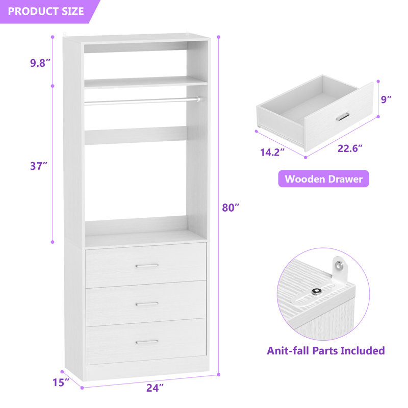 Freestanding Small 24" Closet System With 3 Wood Drawers, 80" H x 24" W x 15" D, White