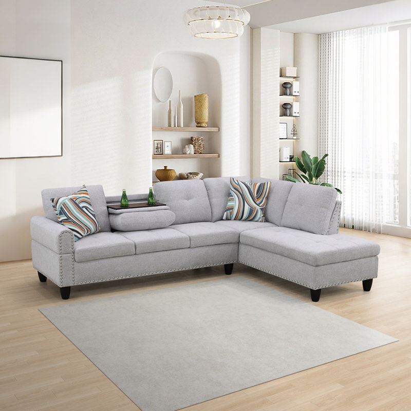 Canapé modulaire en L de 97,5 po de largeur Budapest, Orienté à droite, Mélange de lin blanc gris