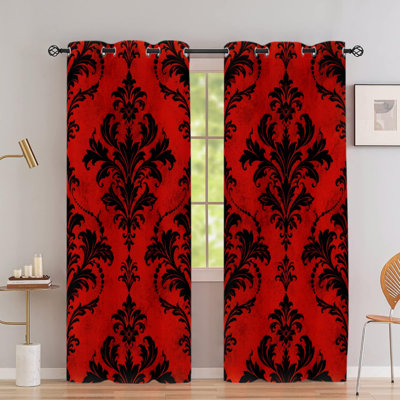 2Pcs Grommet Damask Blackout Curtains, Vintage Red Black Baroque Print Polyester Room Darkening Drapes, Thermal Heat Blocking Noise Reducing Privacy Window Treatments for Bedroom Living Kitchen