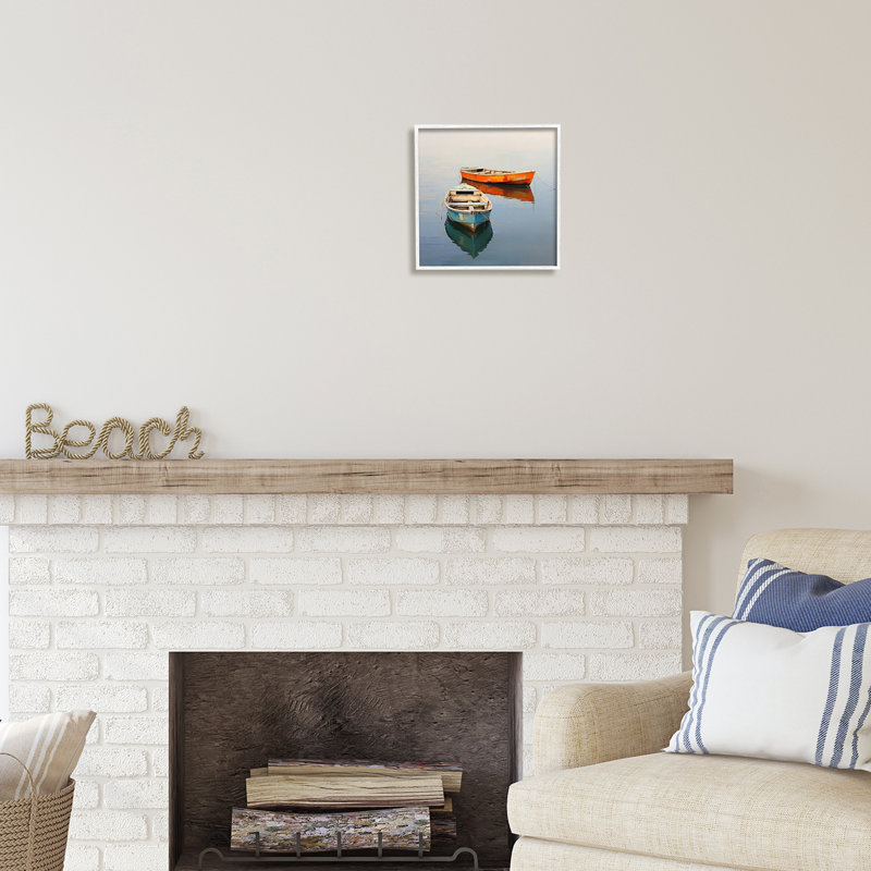 Ba-053 - Bateaux orange et bleus encadrés, H 12 po x l 12 po x P 1,5 po, Giclée encadrée blanc bord de mer