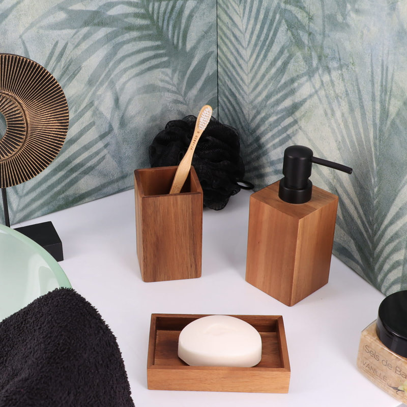 Acacia Wood and Black Metal 6-Piece Bathroom Accessory Set