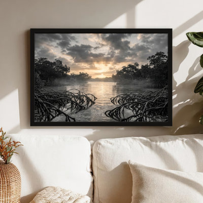 Toile noire encadrée en bois noir pour salon, chambre à coucher, bureau ou vestibule - décoration murale décorative avec rivière brumeuse