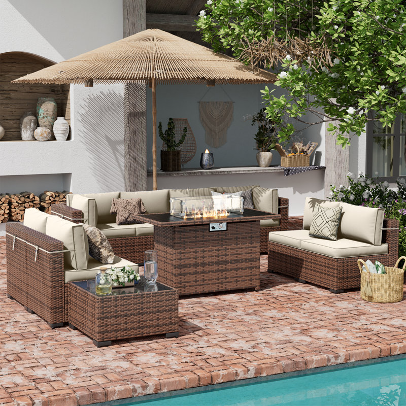 8-Person Outdoor Seating Group with Fire Pit Table & Coffee Table, White