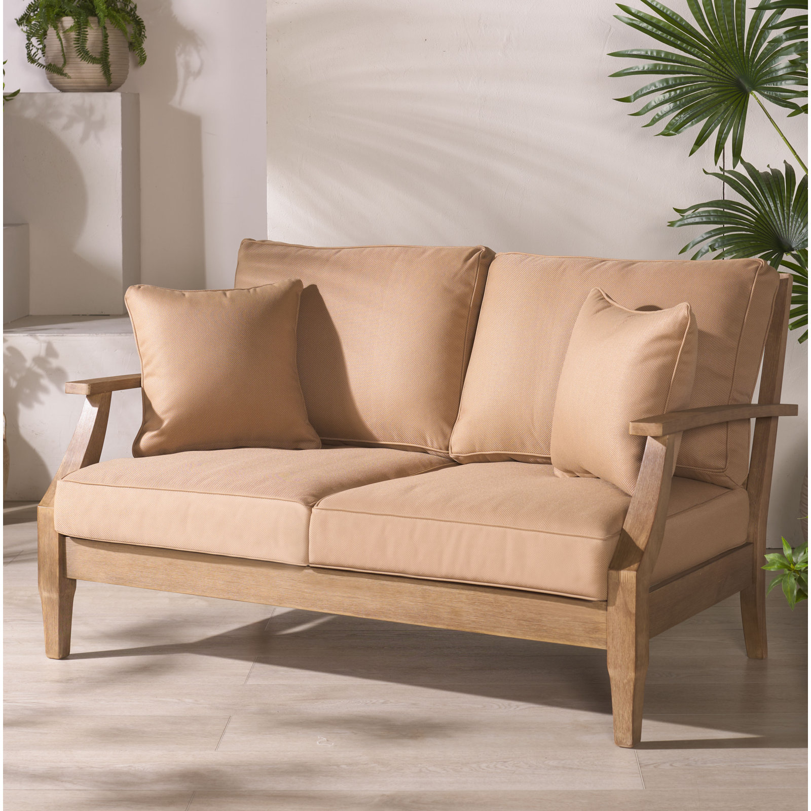 Samya Outdoor Loveseat with Cushions, Natural/Brown