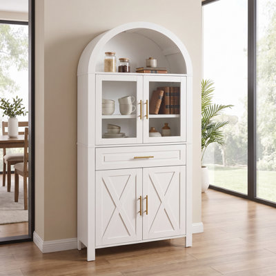 Armoire de cuisine arquée de 71 pouces avec portes en verre; rangement de style campagnard avec tablettes réglables et style de porte de grange; convient aux cuisines, aux salons et aux salles à manger; blanc.
