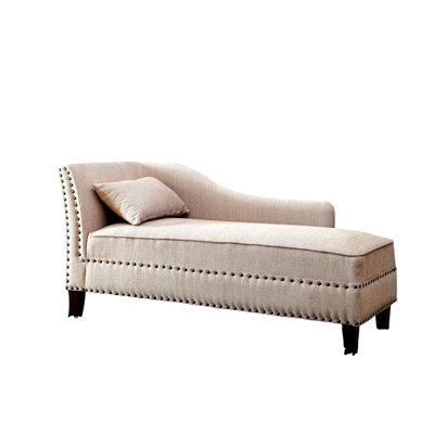 Transitional Beige Fabric Chaise, Nailhead Details, Pillow Added, Ideal For Bedroom, 59.25 Lb, Mid - Century Modern Contemporary Chaise With Wood Frame And Trims, Included, Living Room, 61"w X 25"d