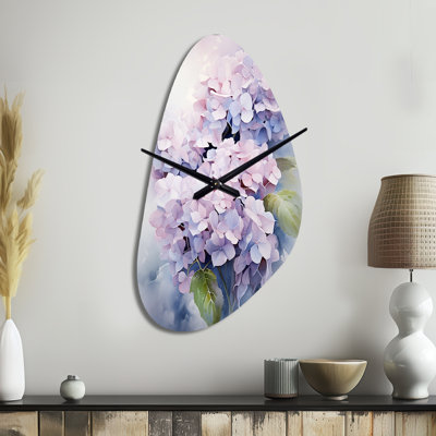 Purple Hydrangea Graceful Whispers - Hydrangea Asymmetrical Metal Wall Clock, Purple Unique Shape Metal Clock Print