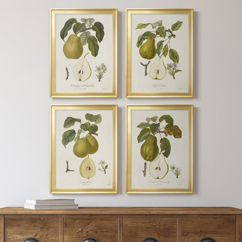 Vintage Pears I - ensemble de 4 peintures sur toile encadrées, H 36,5 po x l 106 po x P 1 po, Cadre doré