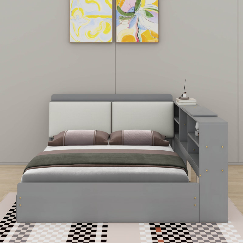 Lit plateforme double avec tête de lit, tiroirs et tablettes, gris