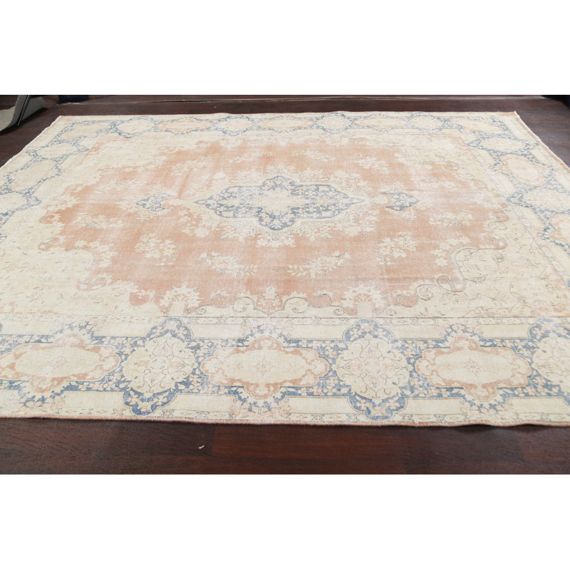 Tapis unique en laine noué à la main de style années 1960 9 pi 9 po x 12 pi 9 po pêche