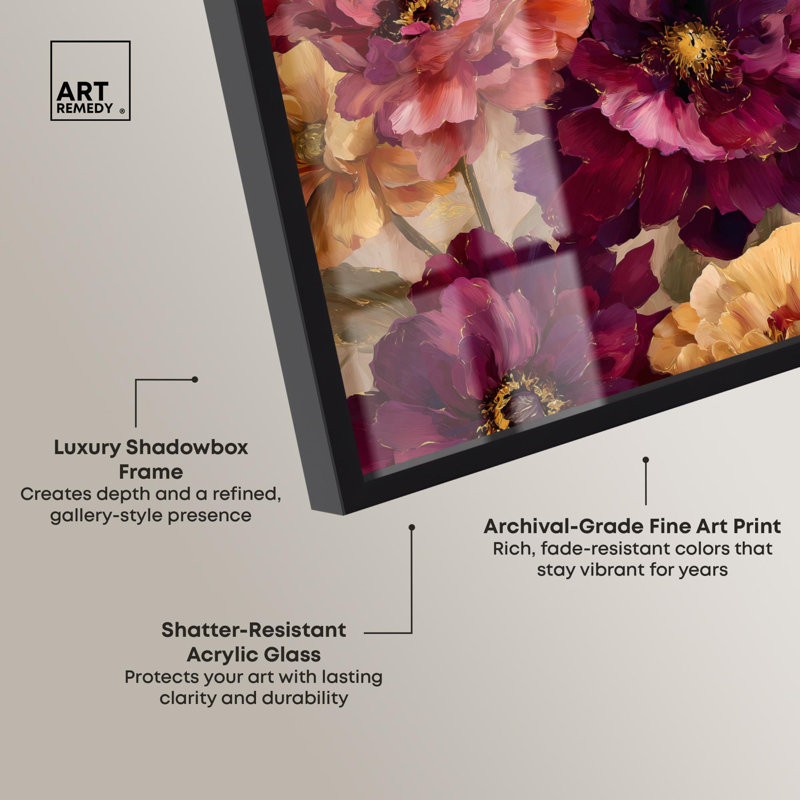 «Deep Blossoming Floral Shadowbox Print» par Art Remedy, H 16 po x l 11 po, Noir