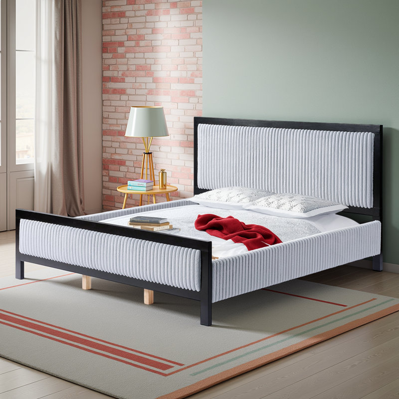 Lit plateforme avec tête de lit tapissier gris clair et structure en bois, Très grand lit