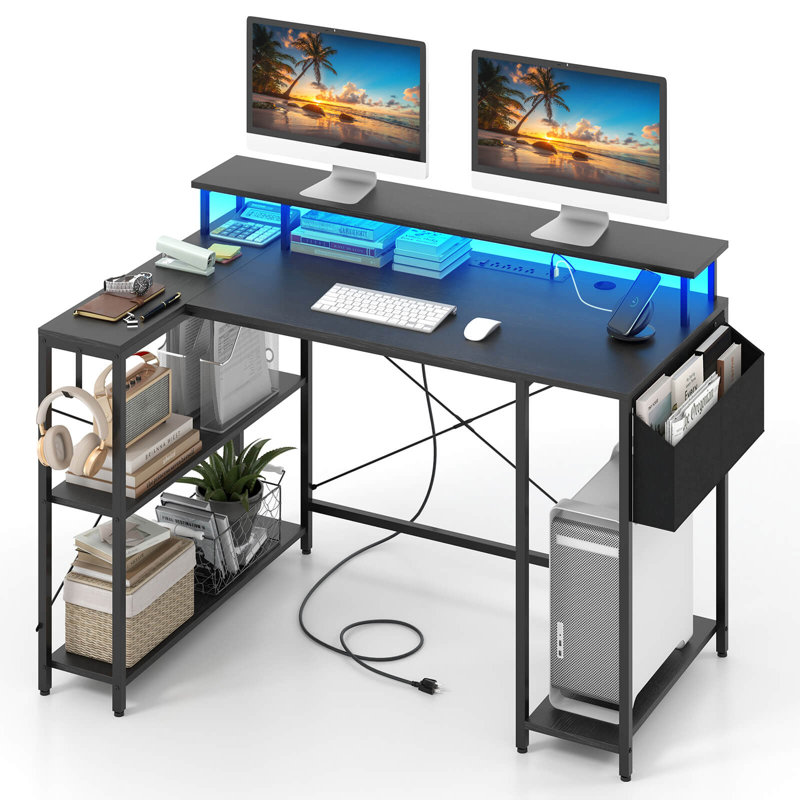 48" L-Shaped Gaming Desk with LED Lights & Power Outlets Storage Shelves Black, Black
