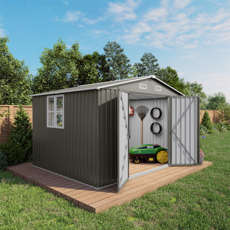 Remise de rangement extérieure 10 X 8 pi, grande remise de rangement en métal, porte verrouillable et évent d'air, remise pour outils de jardin à fenêtre transparente pour vélos, outils, tondeuses à gazon, arrière-cours, patios, pelouses - Gris