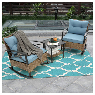 Ensemble 3 pièces de chaises berçantes d'extérieur en rotin - Mobilier de conversation pour patio bleu avec structure en acier pour le jardin, la piscine et la cour arrière