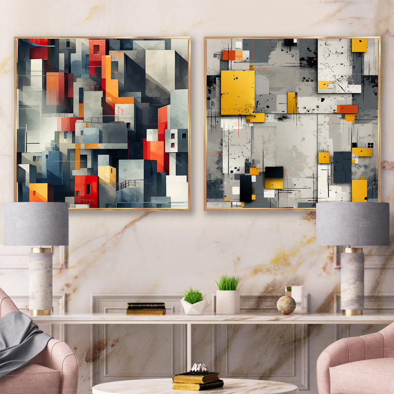 Coryden - Ensemble de 2 collages carrés à formes abstraites, H 16 po x l 33 po, Cadre flottant doré