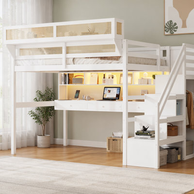 Full Size Loft Bed with Desk and Wardrobe, Wood Full Loft bed with Charging Station and Light,White
