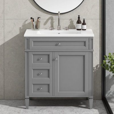 Meuble-lavabo 30 po avec plateau basculant - 2 tiroirs + organisateur de porte et tablette réglable, glissières à fermeture en douceur. Base à pieds romains, évier en céramique 6,7 po, plateforme de robinet 4 po