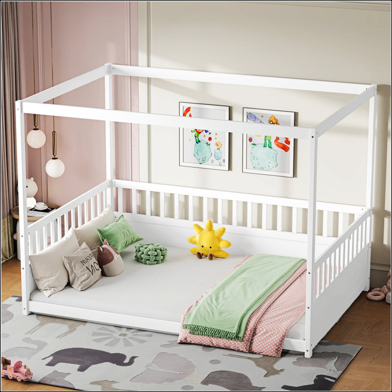 Full Size Canopy Bed Frame With Guardrails, Full, White