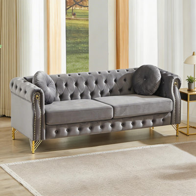 82-Inch Luxurious Velvet Chesterfield Sofa with Copper Studs & Tufted Details – Perfect for Cozy Living Rooms