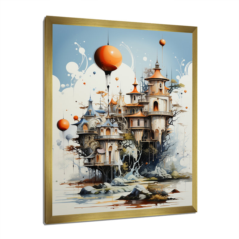 Madaih surréalisme ville rêve vol imaginaire I, H 32 po x l 24 po x P 1 po, Encadrement doré