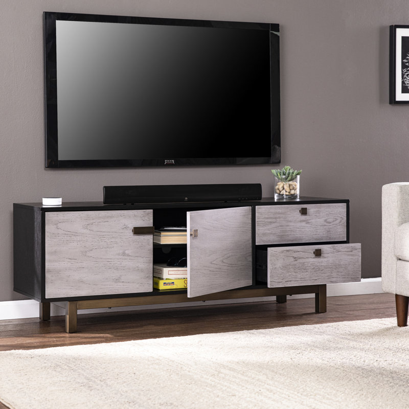 Console média moderne, rangement gris pour téléviseurs de 60 à 69 pouces, portes doubles, 2 tiroirs, console d'apparence à pattes en bronze antique, base Suits