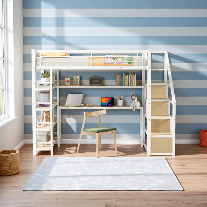 Lit mezzanine simple en métal avec escalier, bureau intégré et tablettes de rangement