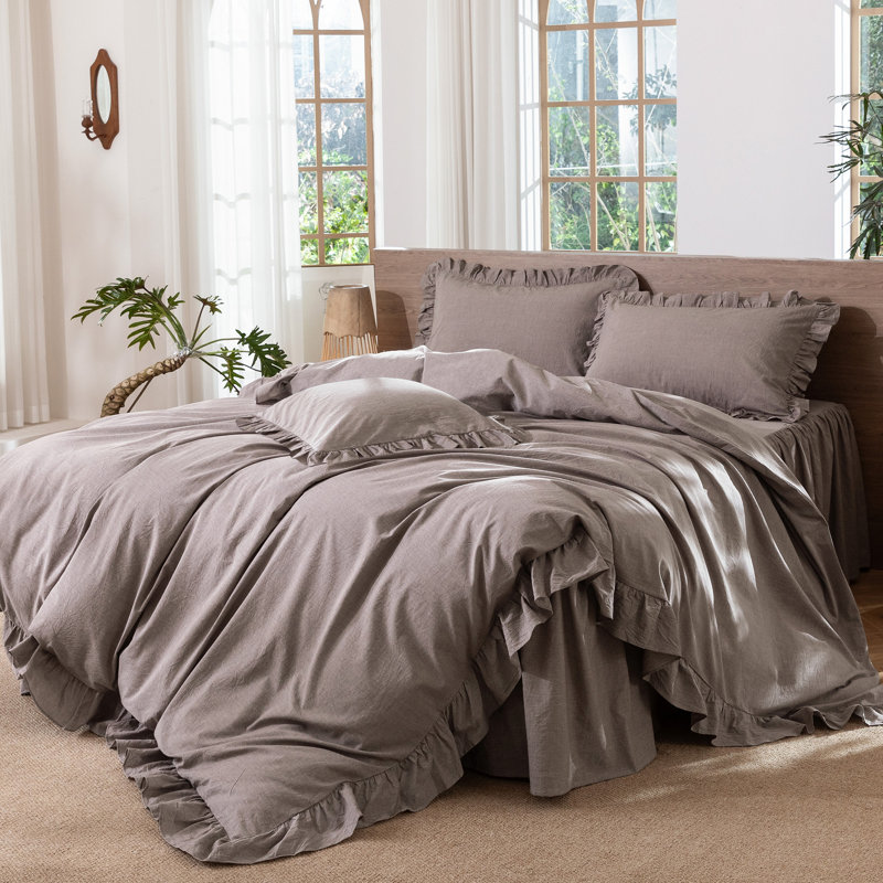 Ensemble de housse de couette à volants 100% coton délavé MooMee, Housse de couette grand et 2 taies décoratives
