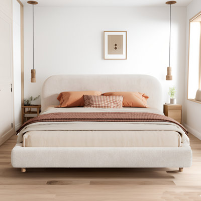 Boucle Fabric Upholstered Platform Bed With Round-Shaped Design Headboard