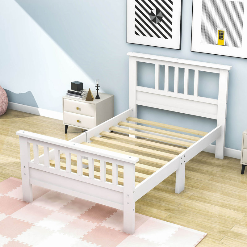Wooden Platform Bed With Headboard, White, Twin