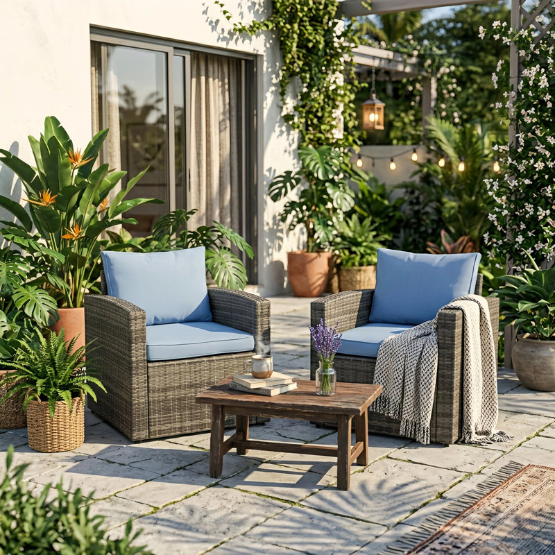 Arroya Wicker Outdoor Club Chair Patio 2 Person Seating Group, Gray, Light Blue