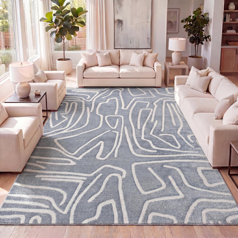 Sauvanne Modern Scandinavian Graphic Lines High-Low Blue/White Rug, Rectangle 2'11" x 5'