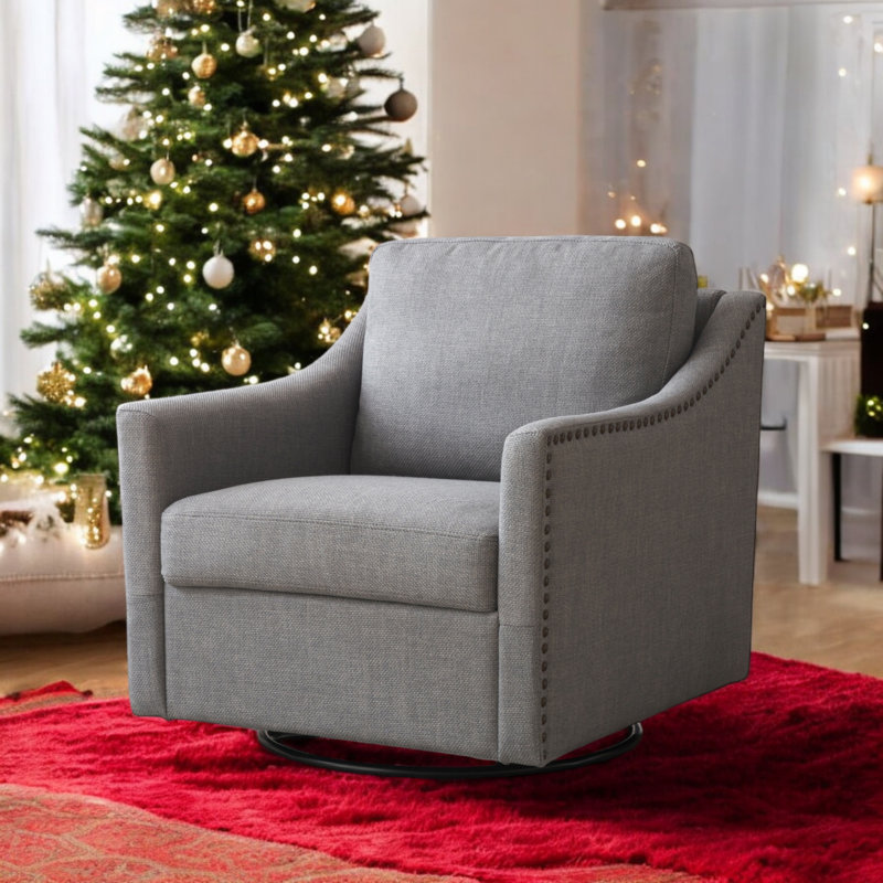 Upholstery Accent Swivel Armchair With Nailhead Trim, Gray Polyester