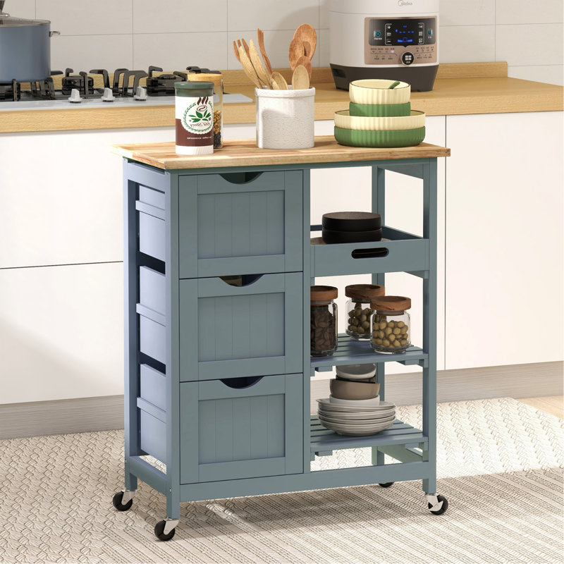 Rolling Kitchen Island Cart, Bar Serving Cart, Compact Trolley On Wheels With Wood Top, Shelves & Drawers For Home Dining Area, Gray