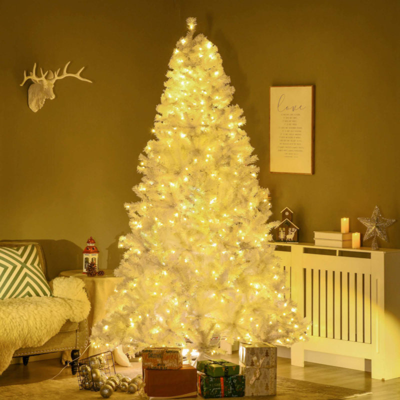 Décoration de Noël artificielle haute 7,5 pi avec 1518 branches, 500 lumières DEL blanc chaud, ouverture automatique, blanc