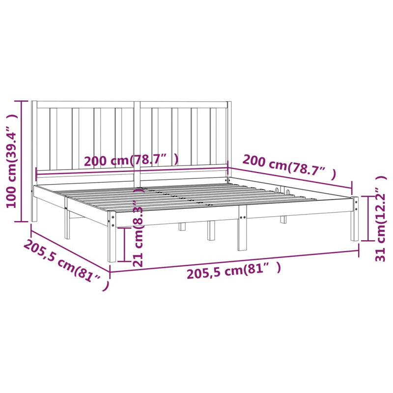 Bed Frame Solid Wood, 200 x 200cm, Grey