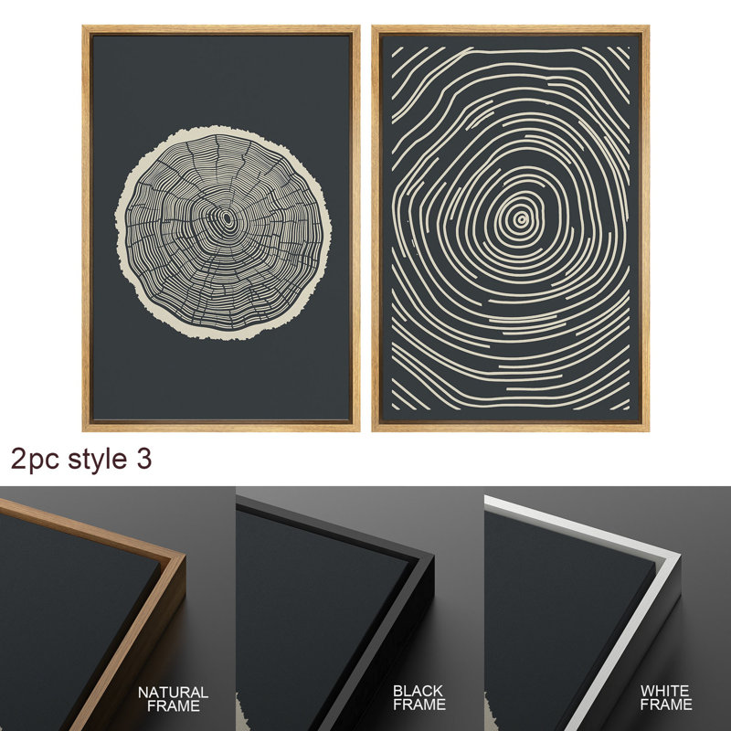3 anneaux d'arbre en bois, illustrations abstraites, ligne moderne, impression numérique sur toile, impression numérique sur toile encadrée