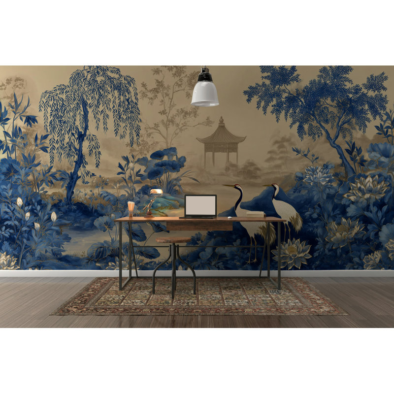 Papier peint grues chinoises bleues, Non-collé, L: 140 po x H: 96 po