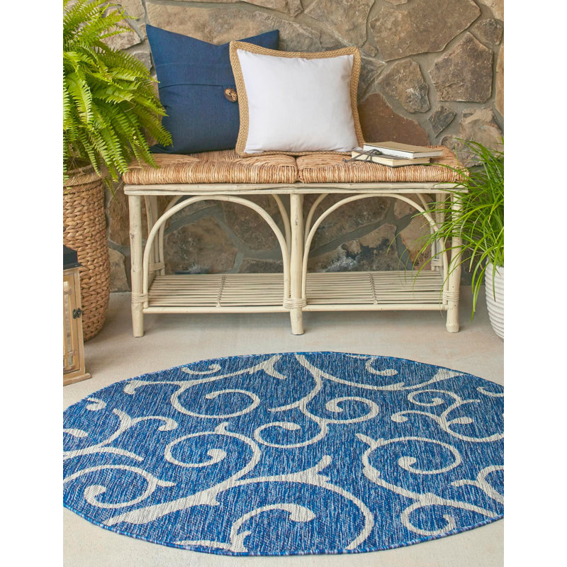 Round Abstract Machine Made Power Loom 13' Polypropylene Indoor Area Rug In Deep Sea