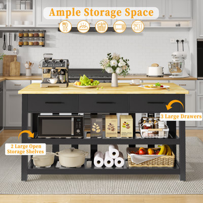 60" Solid Thick Wood Top Kitchen Island with Power Outlets , 3 Deep Drawers & 2 Open Shelves Storage Cabinet