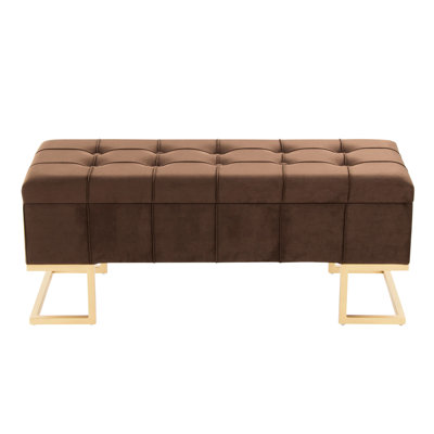 Banc de rangement en velours brun et acier doré avec boutons, pieds en métal, couvercle rabattable, deux places à l'intérieur, limite de 500 lb, assemblage requis contemporain, velours, banc, structure,