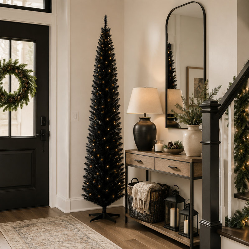 Sapin de Noël artificiel fin et allongé de 240 cm (94,5 po) avec 618 extrémités de branches et support en plastique, noir