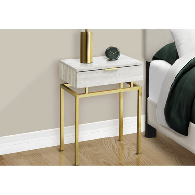 Table d'appoint contemporaine avec finition en marbre beige et base en métal doré, tiroir de rangement pour le salon de la chambre à coucher