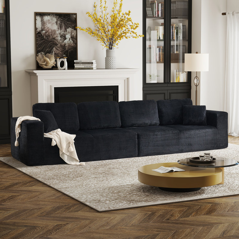 Canapé modulaire rembourré en tissu 144 po, Velours côtelé noir