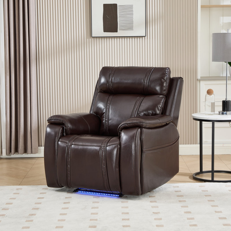 Fauteuil inclinable électrique moderne de 98 cm de large avec bande lumineuse DEL et porte-gobelet dissimulé, Brown