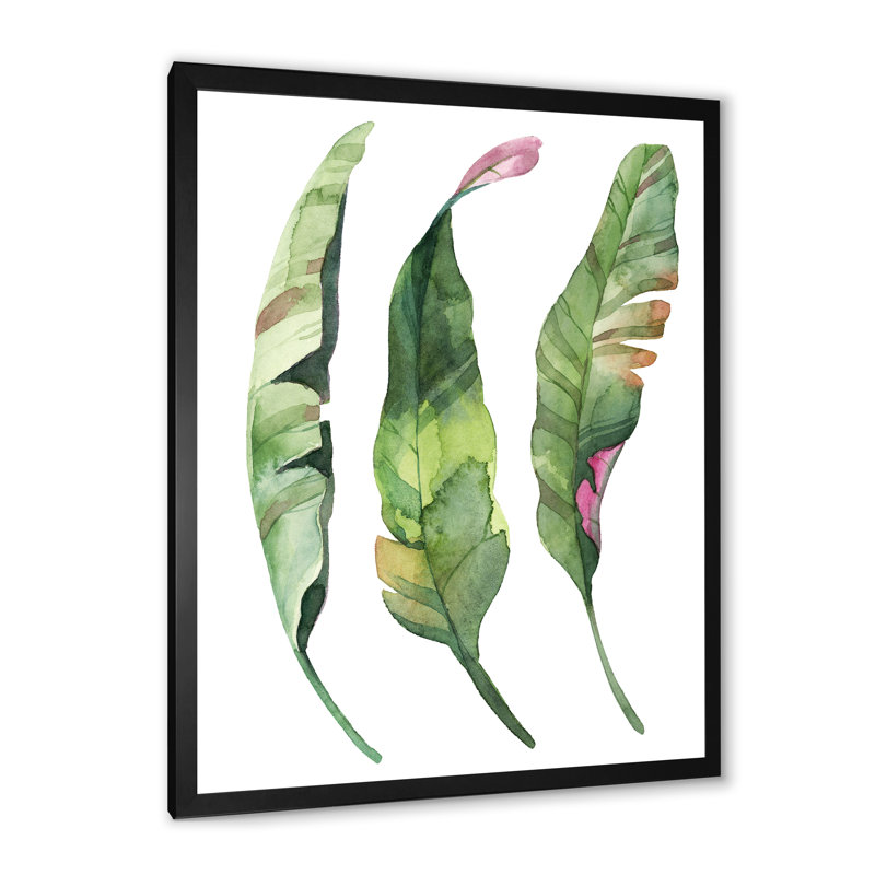 Ensemble de feuilles tropicales vertes - œuvre d'art traditionnelle sur toile, H 20 po x l 12 po x P 1 po, Cadre photo noir
