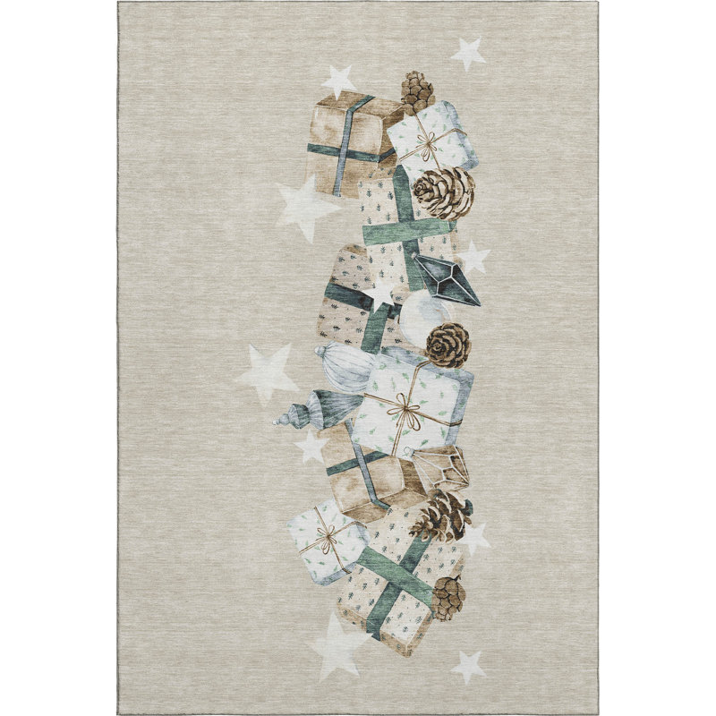 Premium Machine Washable Castillon AMF1825 Stars and Presents Holiday Rug, Rectangle 9' x 12'